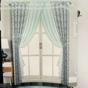 Window Curtain 6 Pc. Set 2 Panels 2 Sheers 2 Tie Backs Spa Blue Chocolate Scroll